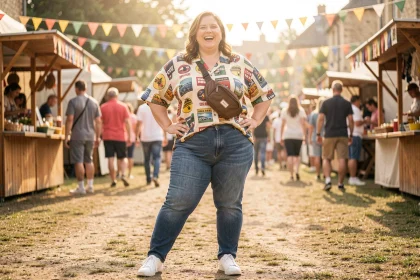Femme grande taille souriante en tenue beauf décontractée à une fête de village, chemise imprimée rétro et jean stretch