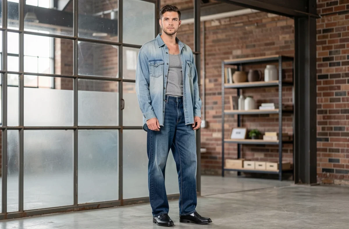 Homme en tenue denim-on-denim oversize coordonnée devant une fenêtre industrielle dans un loft moderne, look streetwear soigné tête aux pieds
