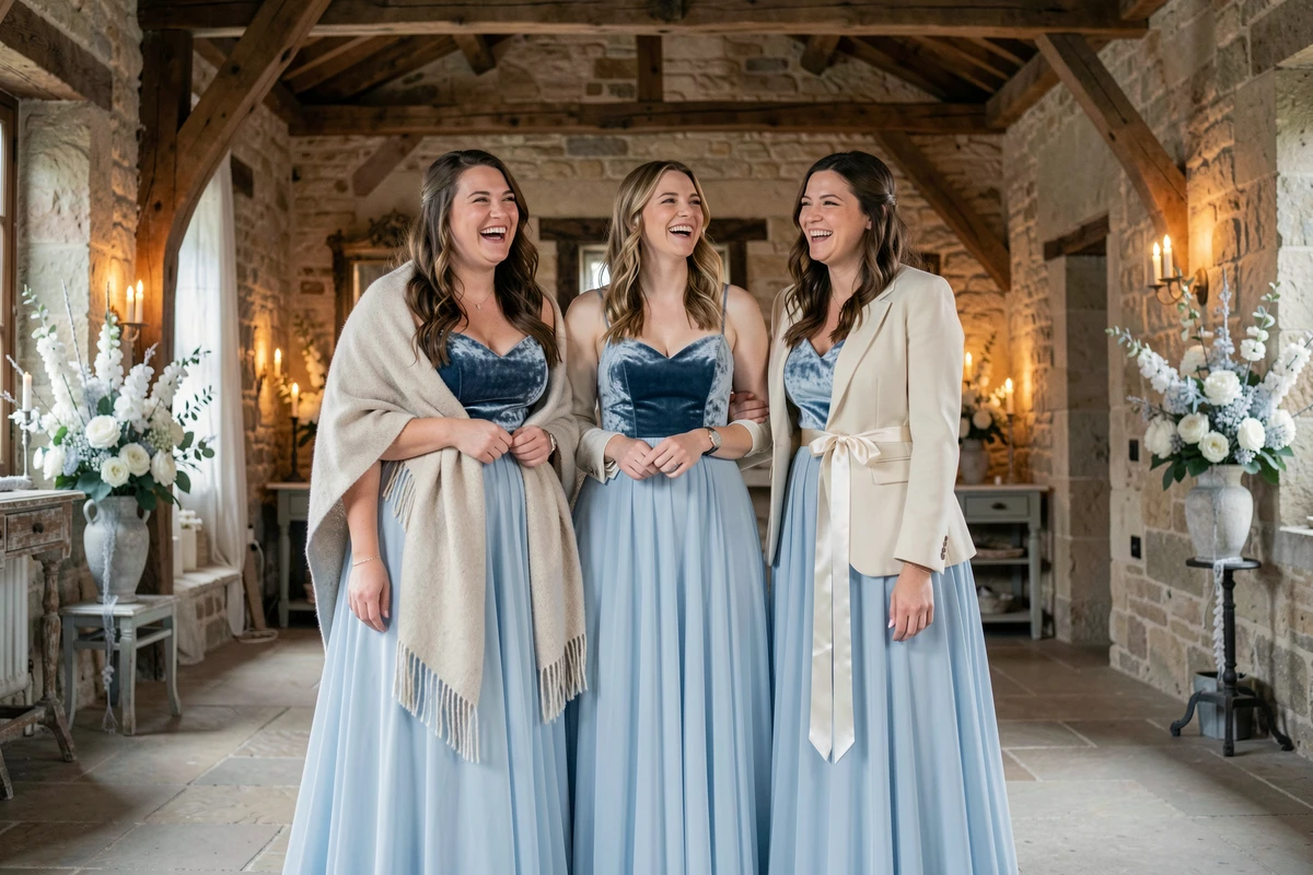 Trois demoiselles d'honneur en robes bleu pastel avec accessoires chauds à l'intérieur d'un château en pierre lors d'un mariage hivernal
