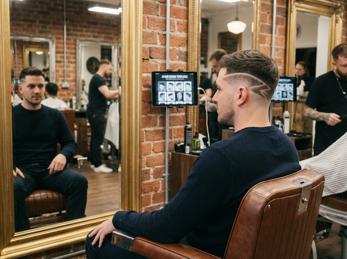 Homme avec undercut géométrique dans un barbershop moderne équipé d'outils de coiffure technologiques