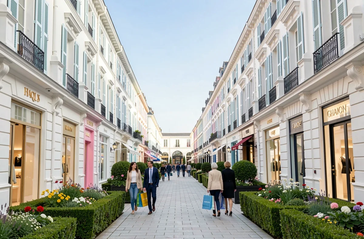 La Vallée Village à Serris, village de marques de luxe avec des façades élégantes et des boutiques haut de gamme le long d'une avenue piétonne