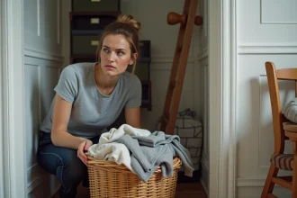 Femme dans un petit appartement triant des vêtements sales dans un panier en osier débordant dans un couloir étroit