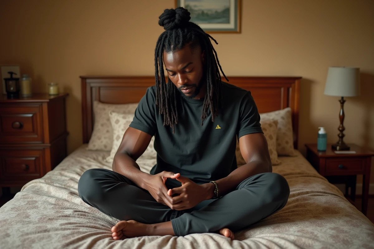 Homme posant un wave cap sur ses starter locs dans une chambre confortable au décor chaleureux